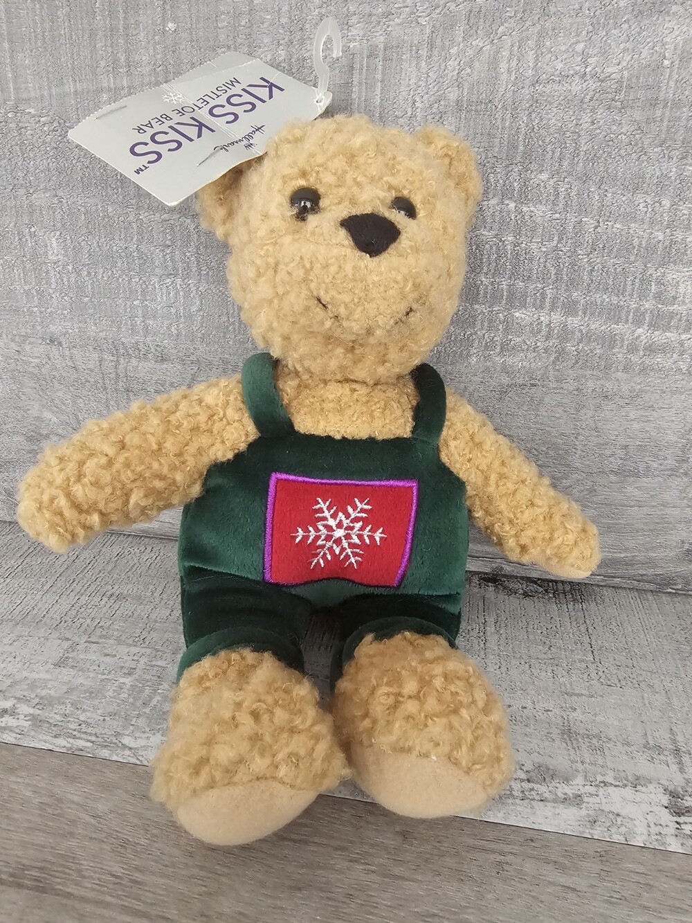Boy Hallmark Kiss Kiss 9" Christmas Magnetic Teddy Bear Plush Green Overalls